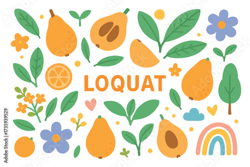 Colorful loquat illustration with leaves flowers and slices