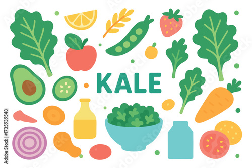 Colorful assortment of fruits, vegetables and kale with healthy ingredients