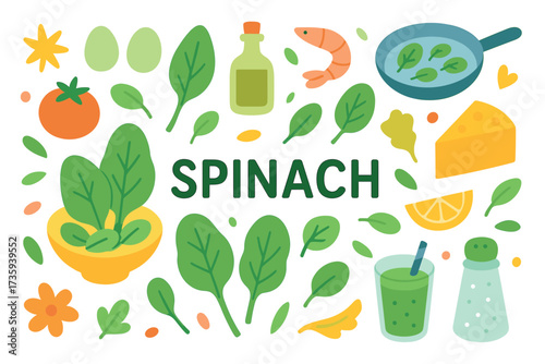 Fresh spinach ingredients and cooking elements illustrated on white background