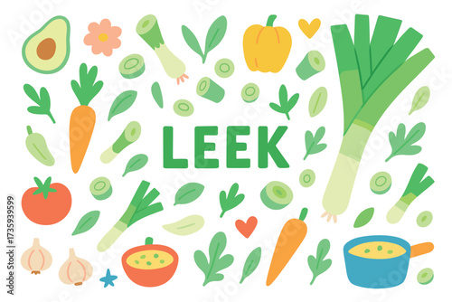 Colorful vegetables and leek pattern with avocado, carrot, garlic, and soup elements