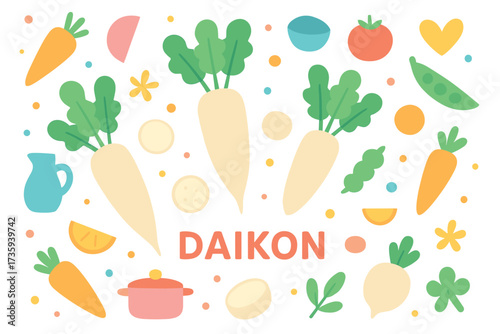 Colorful daikon radish and vegetables illustration with carrots and peas