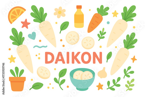 Colorful daikon composition with carrots, leaves, and sliced radishes