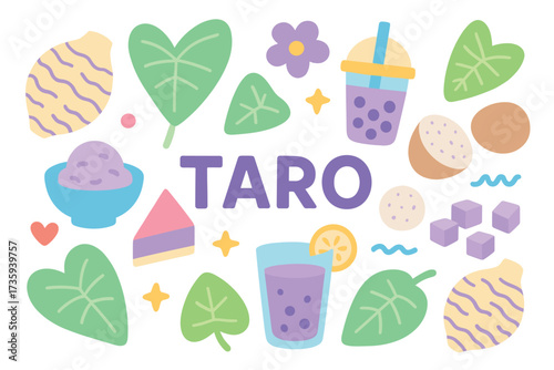 Colorful taro illustration with bubble tea and leaves