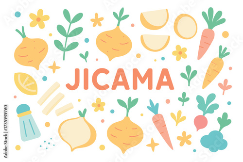 Colorful jicama illustration featuring vegetables and herbs with playful design elements