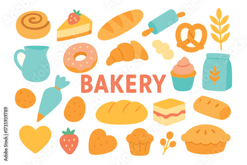 Colorful bakery items collection with bread, pastries, and desserts