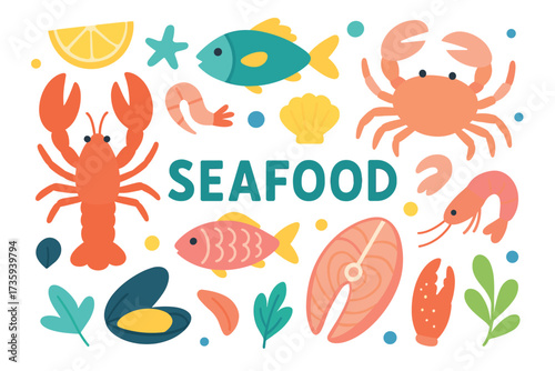 Variety of colorful seafood including lobster, crab, and fish