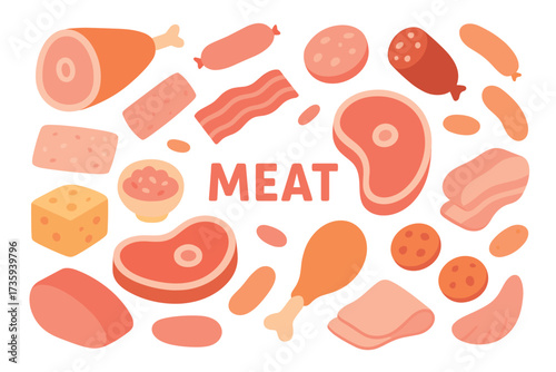 Assorted meats and cheeses: ham, sausage, bacon, cheese and more