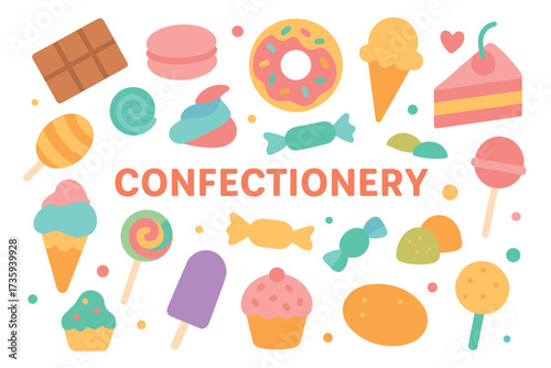 Colorful confectionery illustration: donuts, ice cream, cupcakes, candy, pastries