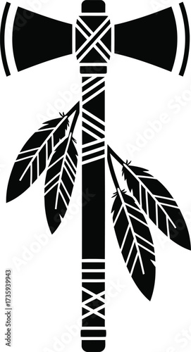 Black Silhouette of a Tomahawk Axe with Feathers and Wrapped Handle hatchet weapon