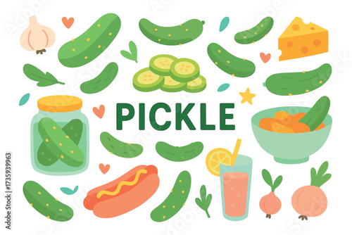 Colorful pickle illustration with cucumbers, cheese, and hot dog elements