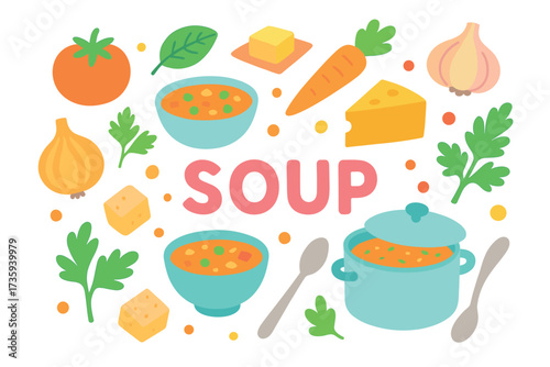 Colorful soup ingredients and cooking utensils illustration with vegetables and herbs