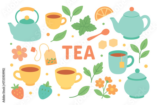 Colorful tea set with cups, kettle, teapot, and herbal elements