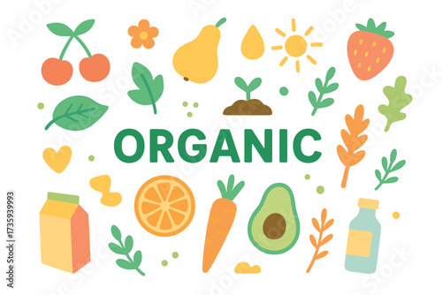 Colorful organic produce collection with fruits and vegetables icons