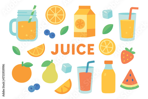 Colorful assortment of juices and fruits with ice cubes and leaves