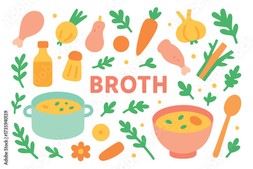 Colorful cooking ingredients and soup elements surrounding the word 'broth'