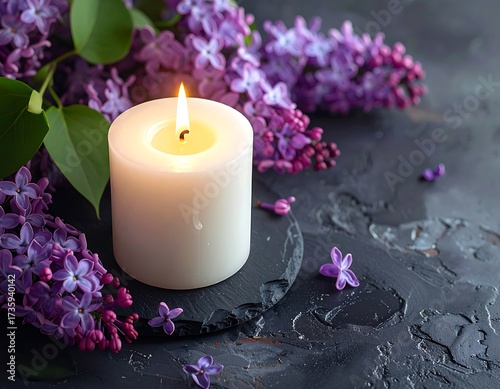 White burning candle on dark stone background, surrounded by lilac flowers. Perfect for relaxation, spa, meditation, wellness, and holiday celebration design concepts.