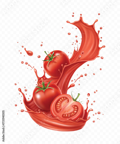 realistic 3d red tomato juice or ketchup sauce splashes in different style isolated on transparent background