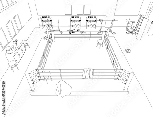 A boxing ring in a gym, drawn with contour lines, features scattered equipment like gloves, punching bags, and weights. The room has large windows and a patterned rug on the floor.