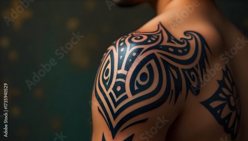 Close-up of a muscular man's shoulder showcasing a large, bold black ink tribal tattoo with flowing, geometric and Polynesian-inspired patterns. Body art and self-expression