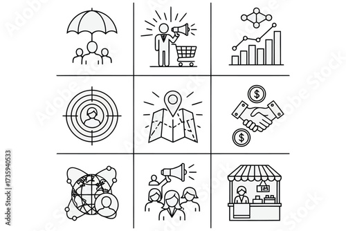 Vector art of line art icons depicting business and marketing concepts, including teamwork, promotion, data analysis, target audience, location, partnership, globalization, advertising, and retail