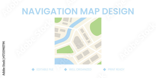 Animated Navigation Map Design Vector Illustration, City Roads, River, and Green Areas for GPS, Travel, Location, and Route Planning Interface Element

