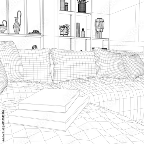 Modern wireframe living room with a couch, pillows, and a table. Shelves display various objects in this black and white drawing.