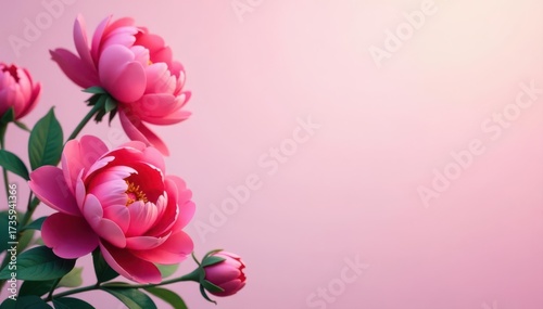 Fototapeta Naklejka Na Ścianę i Meble -  Low-poly pink and red peonies Floral banner design Pastel background Copy space , greeting card, background, red
