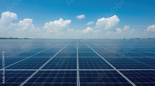 Solar panels renewable clean energy power station with blue sky clouds