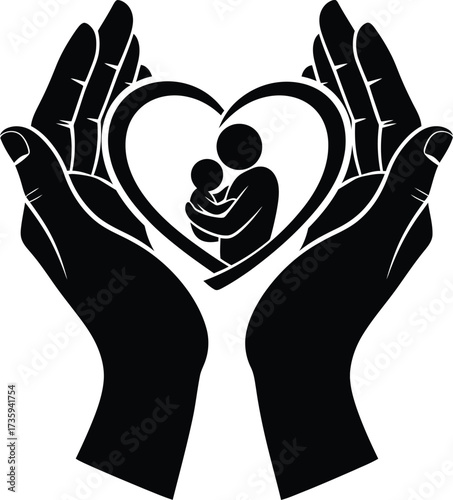 Black Silhouette of Hands Cupping a Heart with Mother and Baby Icon vector illustration