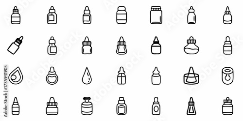 Explore a comprehensive set of charming hand-drawn outline dropper bottle icons, perfect for modern medical, beauty, and wellness app or web designs.