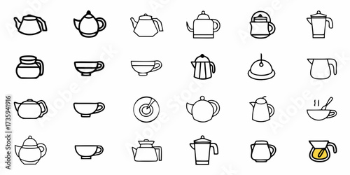 Discover a stunning collection of minimalist outline icons showcasing diverse teapots, coffee pots, and elegant cups, ideal for modern design projects and branding.