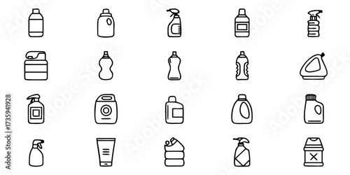 Household Cleaning and Detergent Bottles Line Art Icons