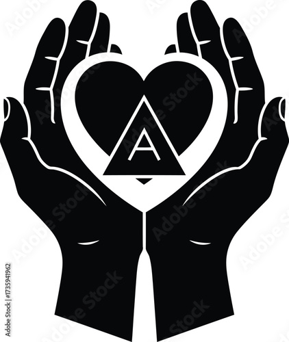 Black Silhouette of Hands Holding a Heart with Triangle and Letter A on White Background