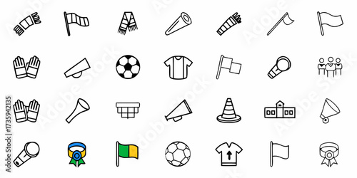 Discover a versatile set of clean line art representing soccer and football fan accessories, team equipment, and celebration elements for modern sports visuals.
