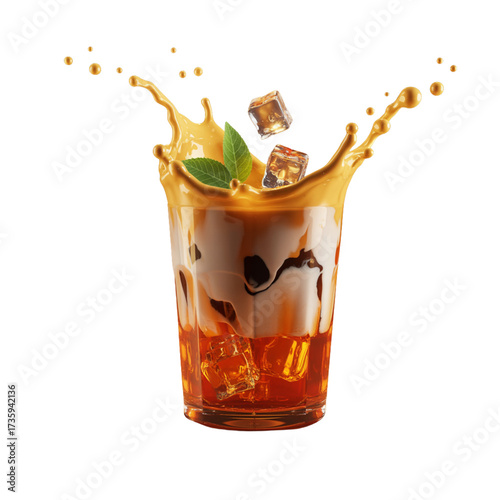 Refreshing iced coffee splash with ice cubes and mint leaves