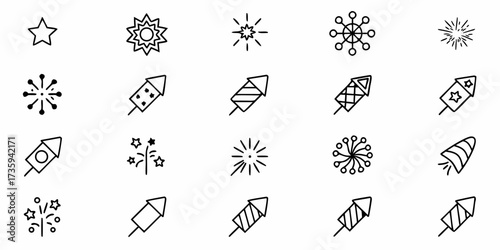 Modern collection of essential firework and rocket icons offering dynamic celebratory bursts for party designs, festive events, and joyful occasions