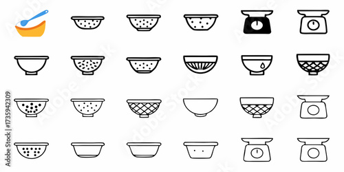 Dynamic set of essential kitchen tools featuring modern outline icons of bowls, colanders, and weighing scales, perfect for cooking and baking projects.