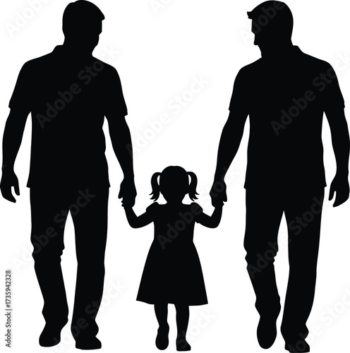 Black Silhouette of Two Men Holding Hands with a Child Between Them girl walking