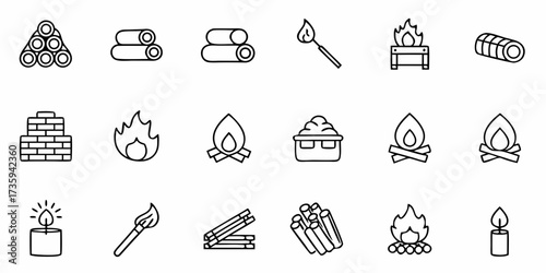 Elevate your projects with this versatile collection of minimalist fire and warmth elements, including logs, campfires, candles, and matches, perfect for engaging designs.