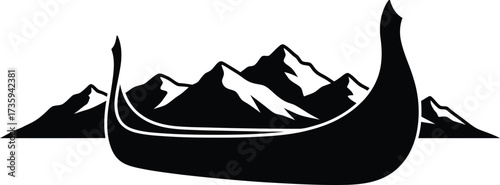 Black Silhouette of Viking Ship Bow in Front of Snow- Capped Mountains boat vessel