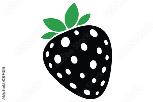 Vector art of black strawberry a unique and eyecatching design featuring a black strawberry with white polka dots and vibrant green leaves, perfect for various creative projects