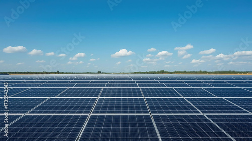 Solar panels renewable clean energy power station with blue sky clouds