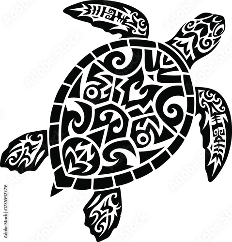 Black Tribal Tattoo Style Sea Turtle Silhouette with Intricate Patterns on White Background