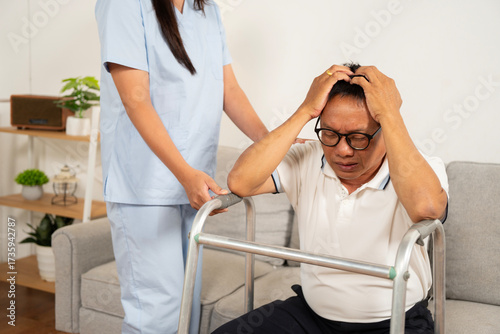 Healthcare assistance for elderly patient home setting emotional struggles indoor environment close-up view aging challenges