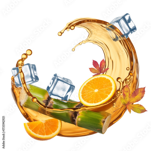 Refreshing sugarcane juice splash with orange slices and ice cubes