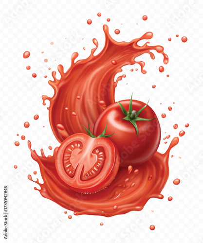 realistic 3d red tomato juice or ketchup sauce splashes in different style isolated on transparent background