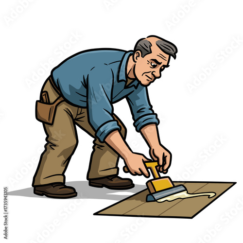 Man applying glue while laying linoleum flooring for home repair  