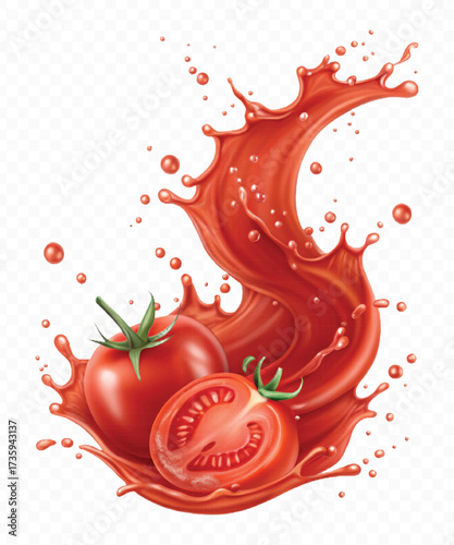 realistic 3d red tomato juice or ketchup sauce splashes in different style isolated on transparent background