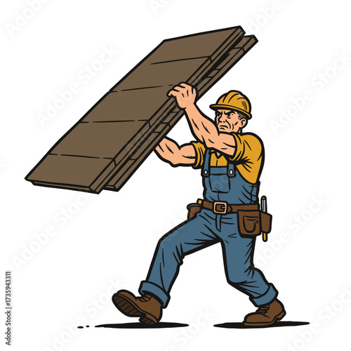 Construction worker lifting roof panel while wearing hard hat and overalls  