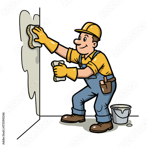 Male worker plastering wall with sponge in yellow gloves indoors  